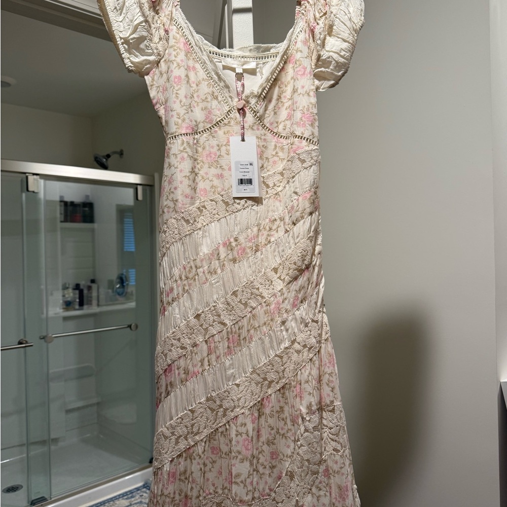 LoveShackFancy Cream and Pink Floral Midi Dress